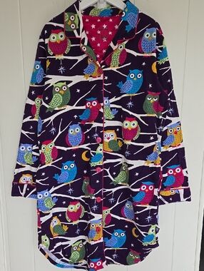 Nick & Nora Women's  Purple Owls Flannel Long Sleeve Sleep Shirt Night Size M